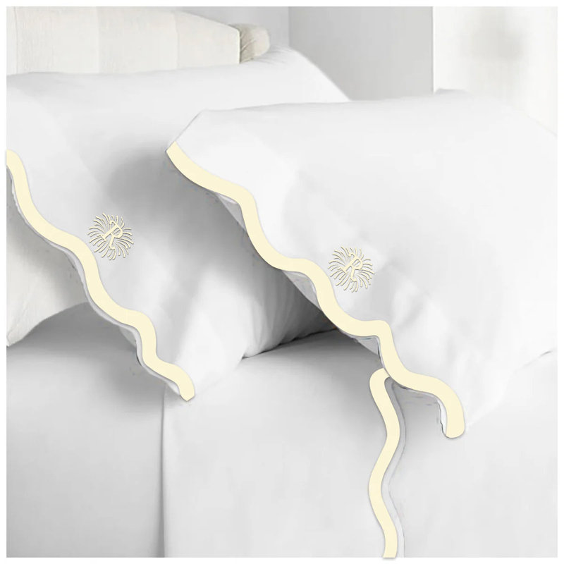 Monogram 400TC Applique Scallop Embroidery Cotton Sheet Set, Queen Sheet Set, Yes