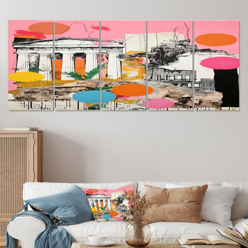 Collage grec antique antique Parthénon - paysage abstrait, art mural 5 pièces, H 32 po x l 80 po