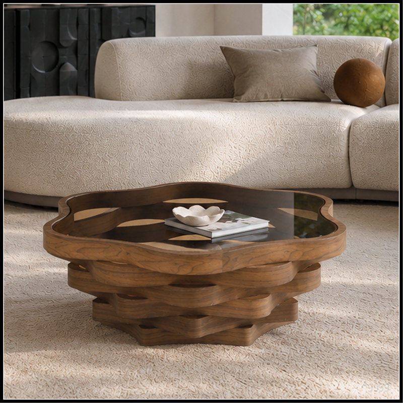 Table basse unique de 91,5 cm (36,02 po) en forme de nuage irrégulier avec plateau en verre trempé, base en MDF multicouche ondulée, table basse artistique moderne pour salon et appartement