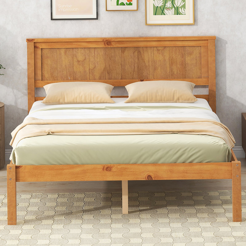 Base de lit plateforme avec tête de lit, support en lattes de bois, Blanc, Double