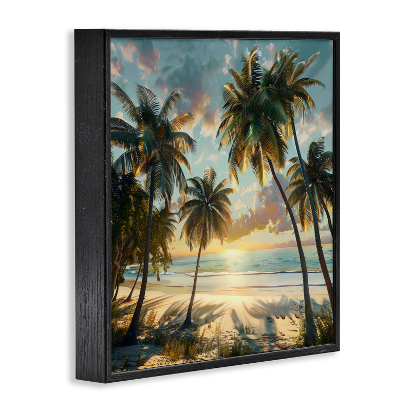 Coucher de soleil sur une plage tropicale à travers des palmiers, estampe numérique, design par LSR Creative Studio
