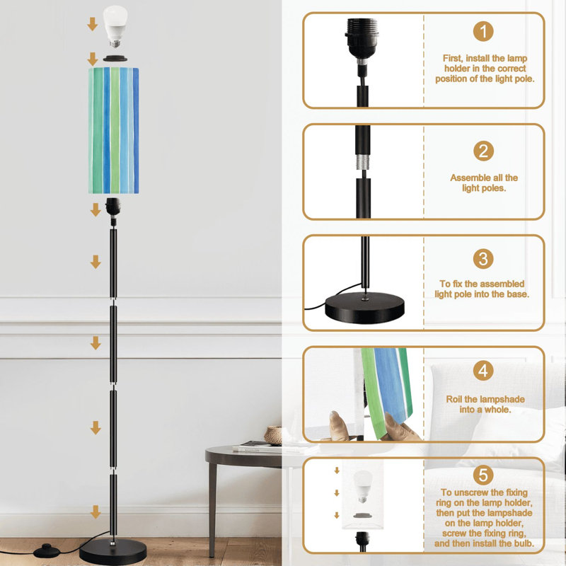 Lampe sur pied aquarelle à rayures verticales bleu vert, tons doux, géométrique, à intensité variable, moderne, avec télécommande, interrupteur au pied, ampoule, abat-jour, grand lampadaire pour salon, chambre à coucher, bureau