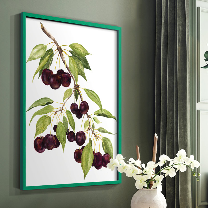Watercolor Cherries, reproduction encadrée - bois massif, Vert, H 10 po x l 8 po