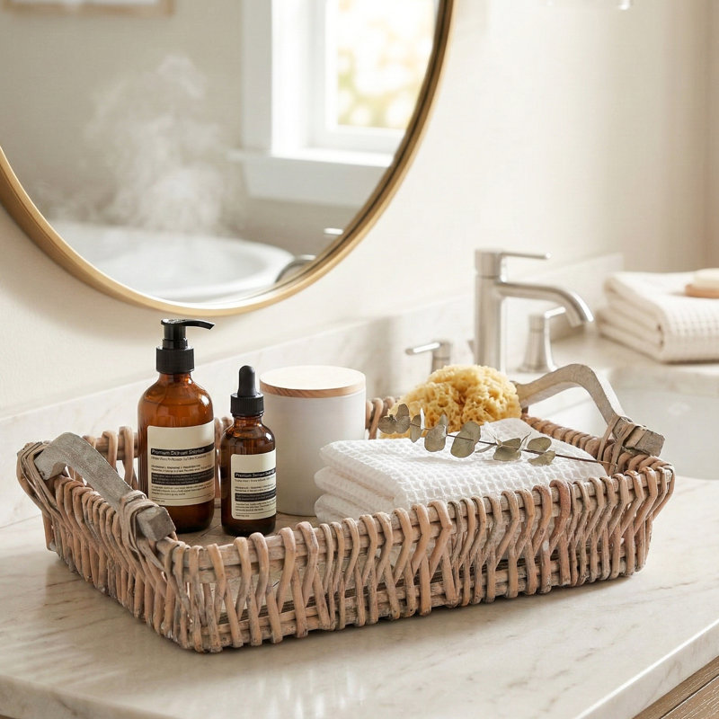 Handwoven Wicker Bathroom Vanity Tray – Farmhouse Countertop Organizer, White Wash