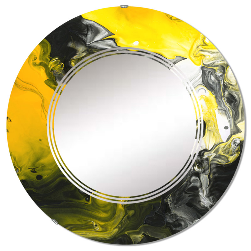 Jaune jaune noir et blanc liquide Art III - miroir mural rond moderne, 32 po x 32 po