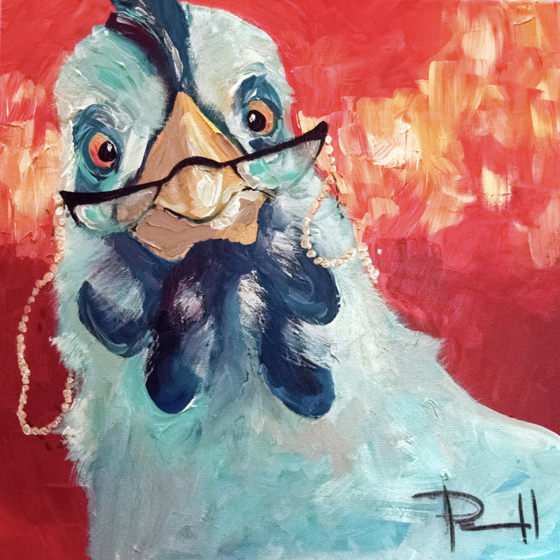 «Whimsical Chicken with Glasses», art mural sur toile - 32 po x 32 po, H 32 po x l 32 po x P 2 po, Métal métal