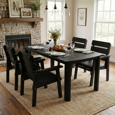 Ensemble de salle à manger d'extérieur HIPS pour 4 personnes, table avec trou pour parasol de 5 cm et 4 chaises à dossier incurvé, mobilier en imitation bois résistant aux intempéries pour jardin, terrasse et piscine.