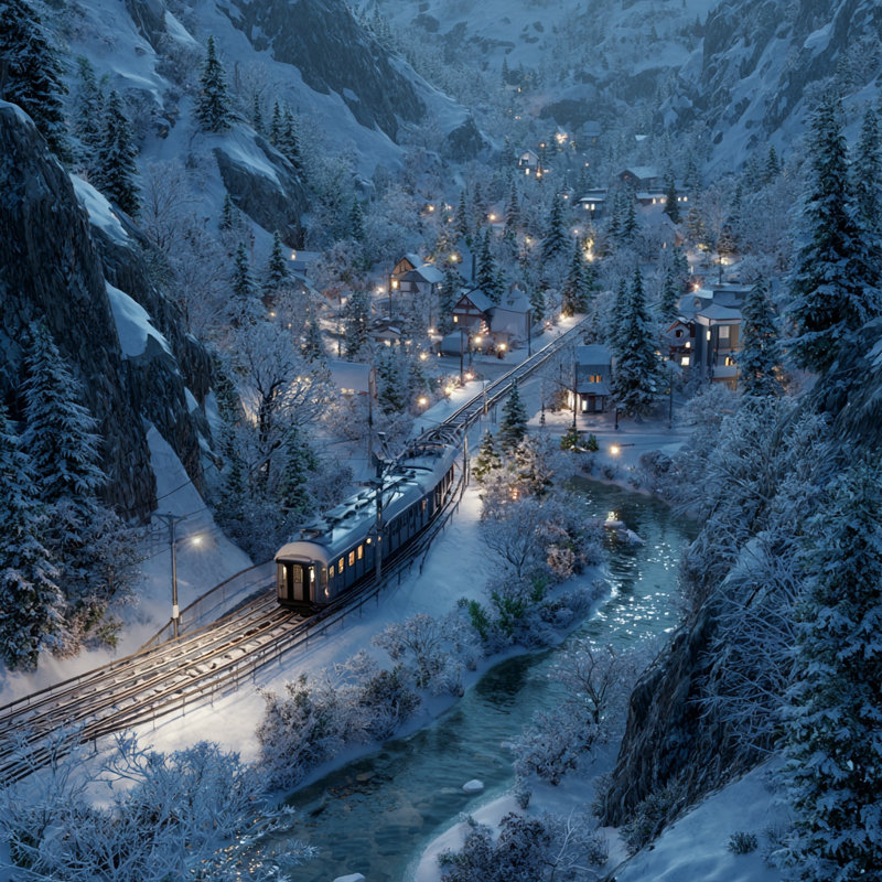 «Winter Train Through the Valley», art mural sur toile tendue, 20 po x 20 po
