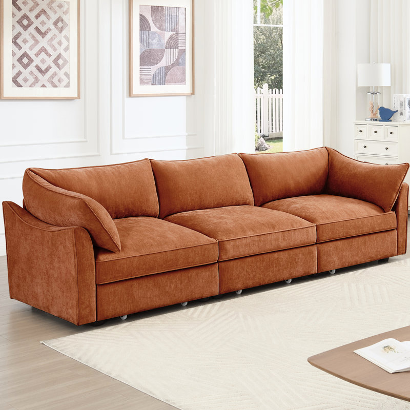 Chenille orange à 3 places, tiroirs coulissants pour un rangement facile dans le salon, enveloppé de coussins d'accoudoir avec rangement caché dans le siège, tissu usé, style nordique