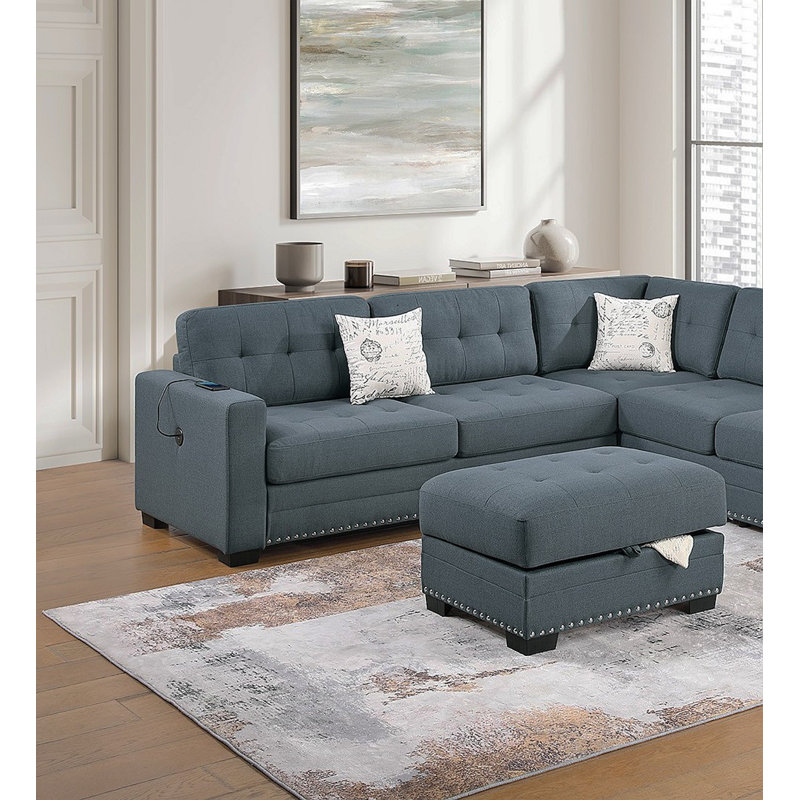 Ensemble de salon modulaire en forme de L avec repose-pieds et canapé capitonné 3 pièces, Gris foncé
