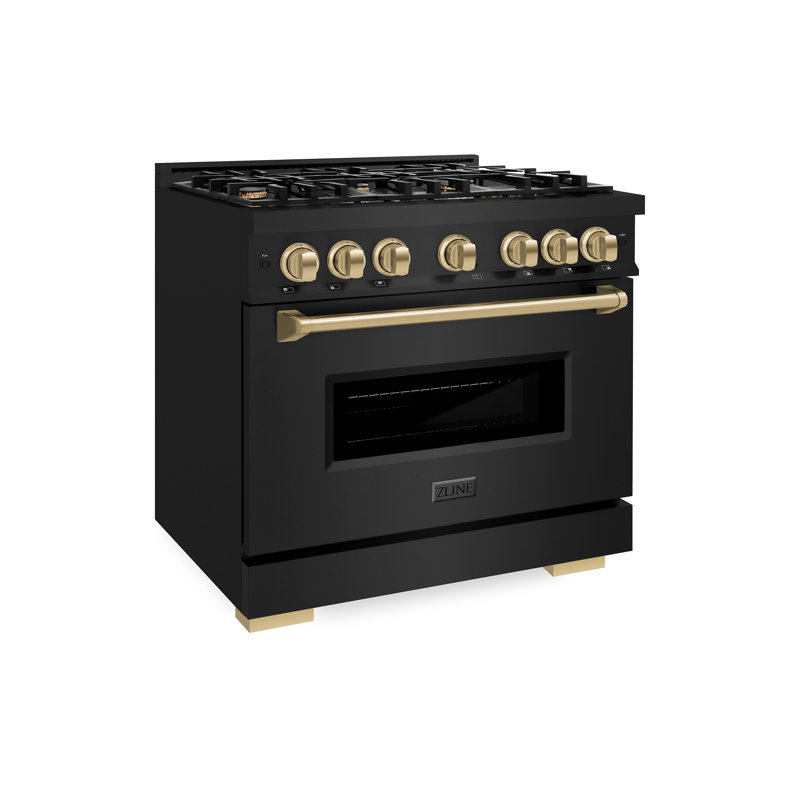 ZLINE 36" Classic Dual Fuel Black Stainless Convection Oven Range w/ 6 Brass Burners, Champagne Bronze