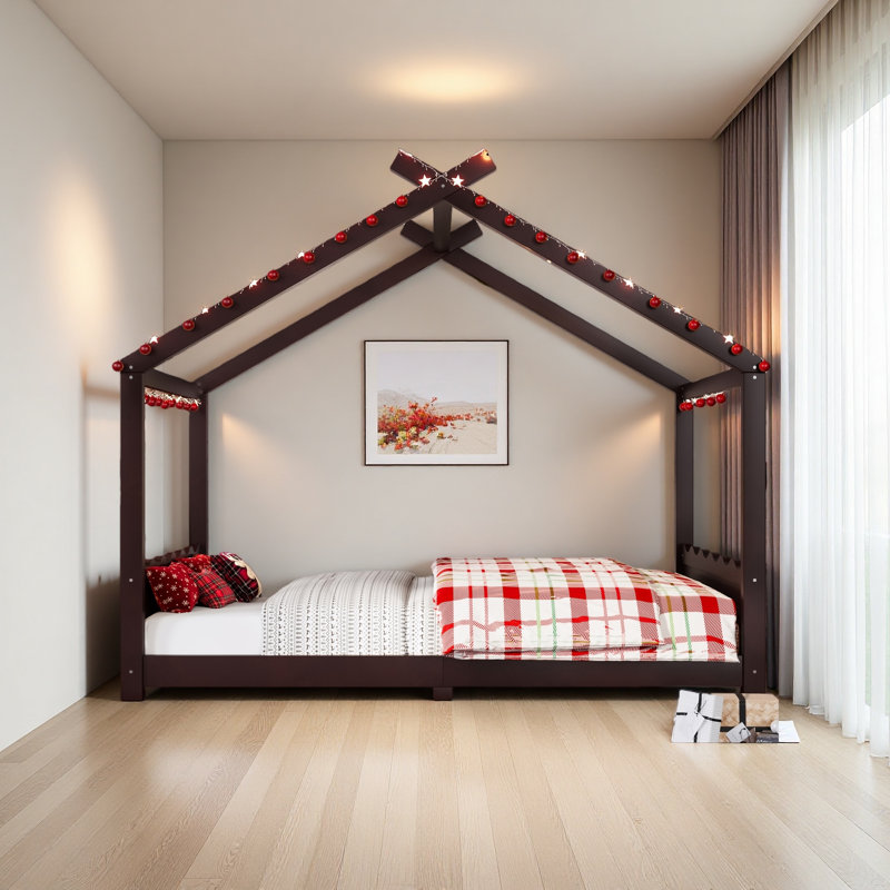 Lit de maison avec lattes de soutien, cadre de lit de maison en bois massif pour enfants, pas de sommier tapissier et structure d'ouverture