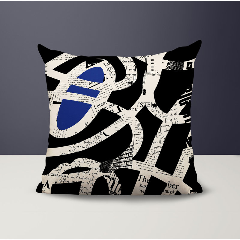 Oreiller carré réversible intérieur / extérieur Kaya, Bleu marine / noir / blanc cassé abstrait, H 15 po x l 15 po