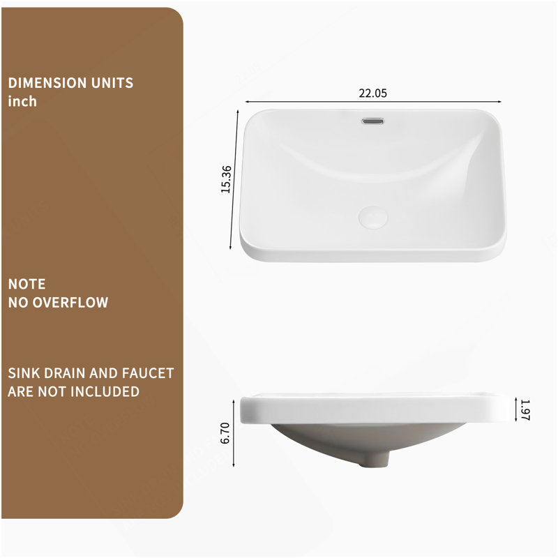Ceramic Undermount Bathroom Sink 22.05" X 15.36" X 6.7" - White Porcelain Vessel Basin, Seamless Design For Vanity Countertop