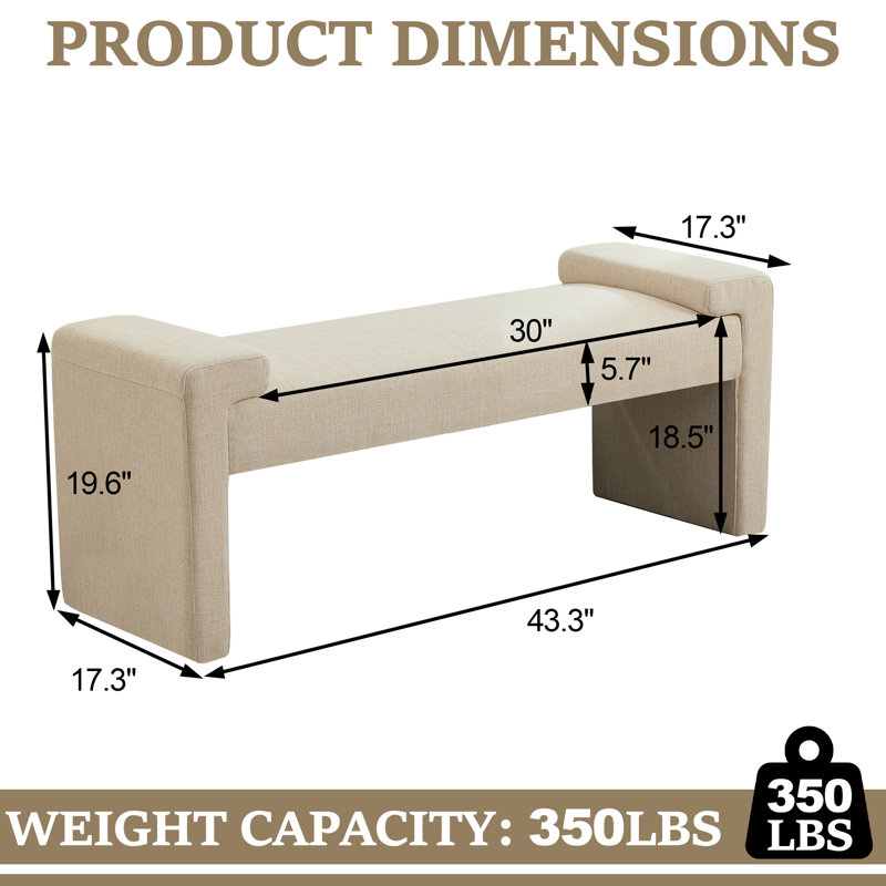 43.3" W Upholstered Bedroom Bench, Tan Linen, 19.6" H x 43.3" W x 17.3" D