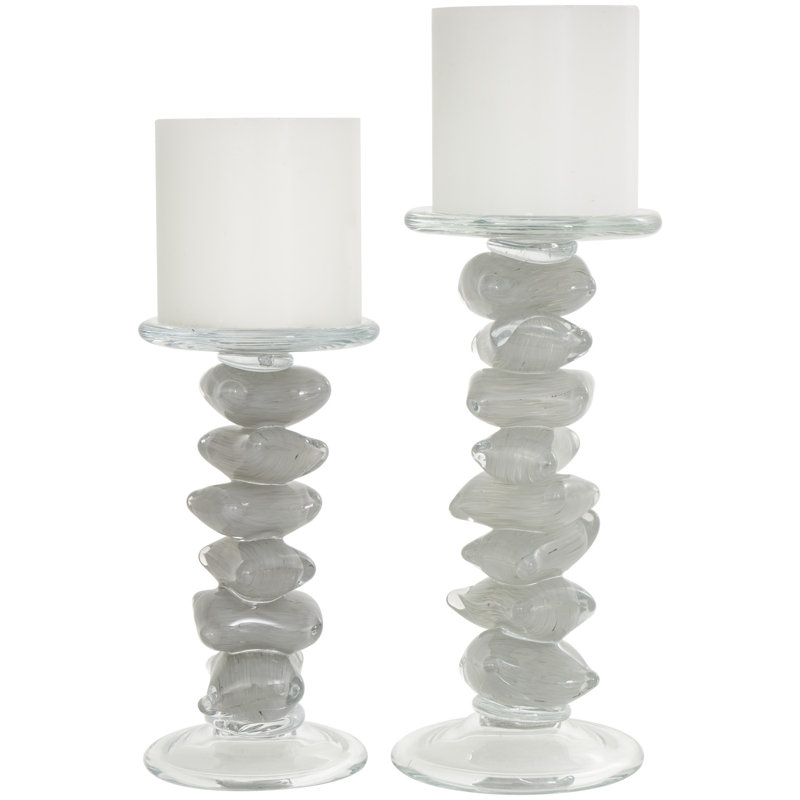 Glass Stacked Stone Decorative Candle Holder Set, Dark Gray