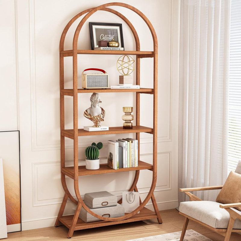 Bibliothèque ouverte moderne brune à 5 niveaux pour un rangement polyvalent et une présentation élégante dans différentes pièces