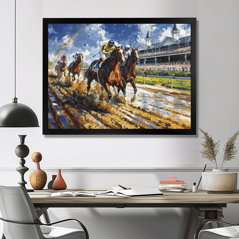 Marlyin - course de chevaux, art mural, H 34 po x l 44 po x P 1,5 po, Cadre simple noir
