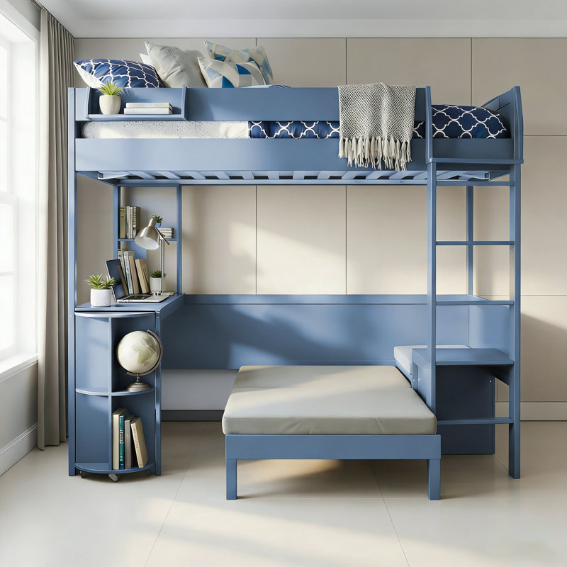 Lit mezzanine double en bois avec bureau, rangement, canapé et lumière DEL pour petits espaces, bleu marine