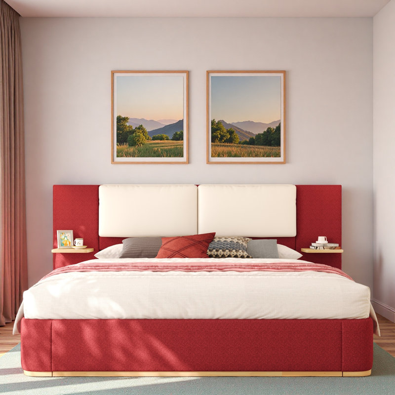 Lit plateforme tapissier avec tablettes, Rouge, Très grand lit
