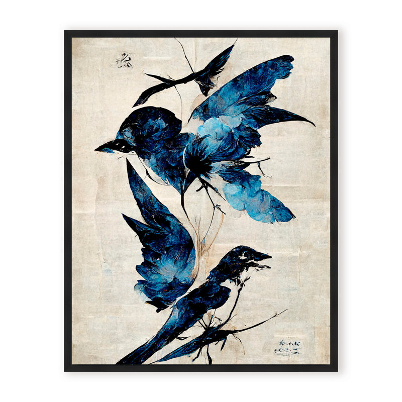Nature Inspired Blue Birds, 30" H x 24" W x 1.125" D, Framed Matted Print, White