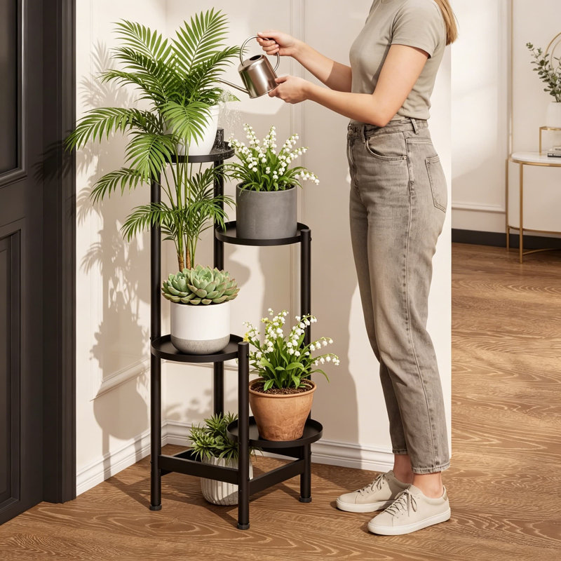 Support à plantes robuste à 4 niveaux pour une utilisation intérieure et extérieure, support à fleurs robuste en métal avec tablettes décalées pour présenter plusieurs pots de fleurs, organisateur de plantes peu encombrant