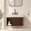 Meuble-lavabo suspendu simple EIDEN de 76 cm (30 po) en noyer avec comptoir en pierre frittée couleur crème veinée or-136962229