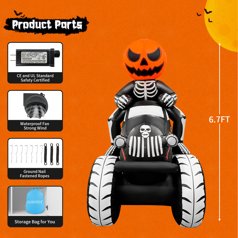 Camion squelette citrouille gonflable de 2 m (6,7 pi) avec lumières DEL pour l'Halloween