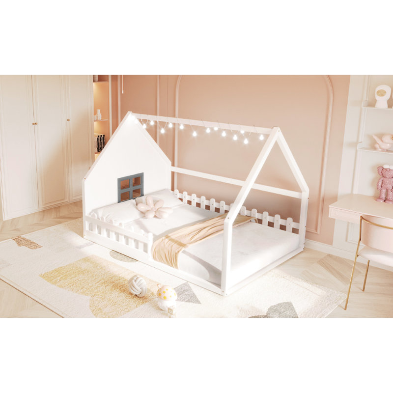 Lit double en bois blanc avec fenêtre et clôture - Structure solide +, jeu à DEL, sans sommier pour la taille de la chambre à coucher et construction robuste, ténacité, fascination, éminence