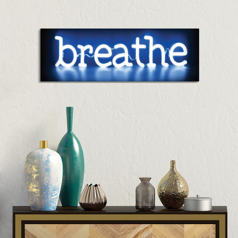 Neon Breathe Blue On Black by Hailey Carr - Wrapped Canvas Panoramic Print, 30.48 cm H x 91.44 cm W x 1.91 cm D