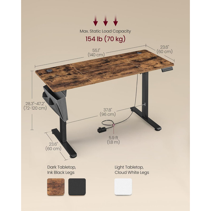 140Cm W Rectangular Standing Desk, 120cm H x 140cm W x 60cm D, Brown/Black