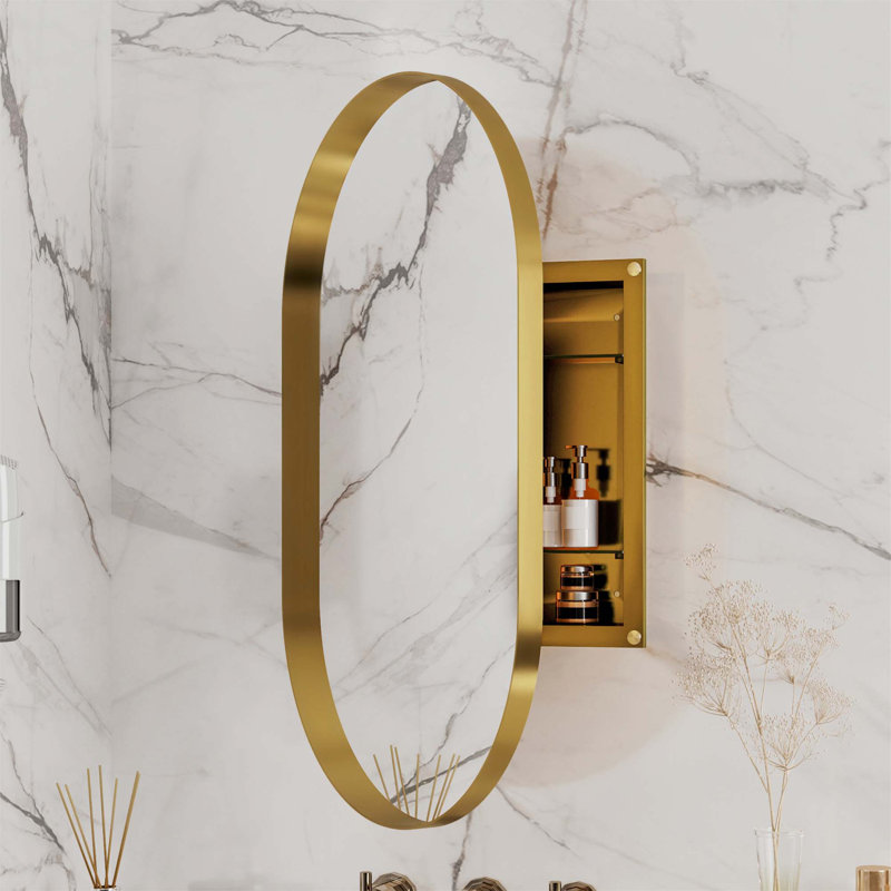 Armoire à pharmacie ovale encastrée, armoire de salle de bain murale en métal avec miroir et tablettes réglables, miroir mural avec rangement pour salle de bain