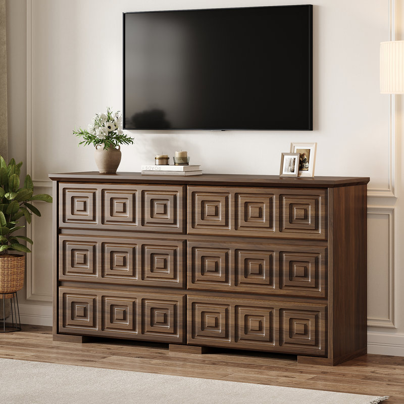 53.9" Modern 6 Drawer Dresser For Bedroom, Black & Walnut Wood Chest Of Drawers With Geometric Carved, Wide Storage Organizer With Metal Slides & Anti-Tip Kit