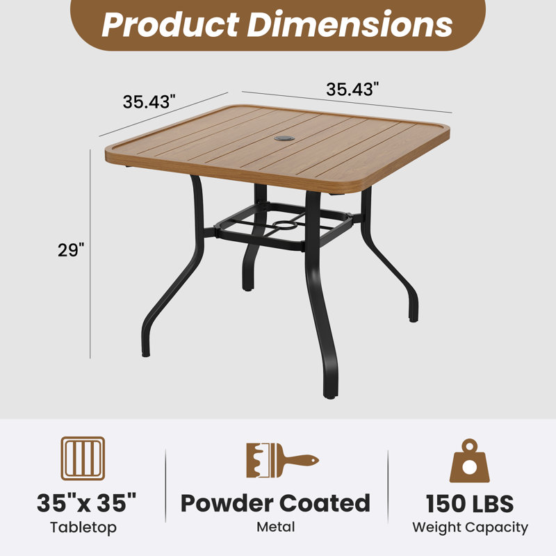 Table de salle à manger d'extérieur avec trou pour parasol de 1,57 pouce, texture semblable au bois, structure en métal toutes saisons