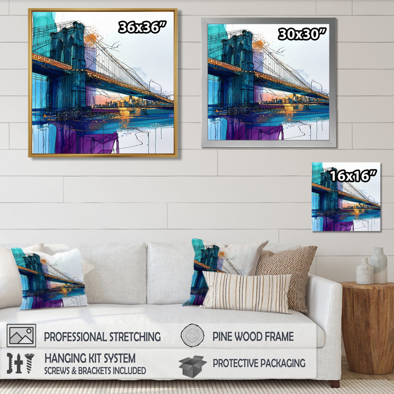 «Ladarren Abstract Brookyln Bridge In Aqua Reflection», art mural de New York, H 30 po x l 30 po, Brun