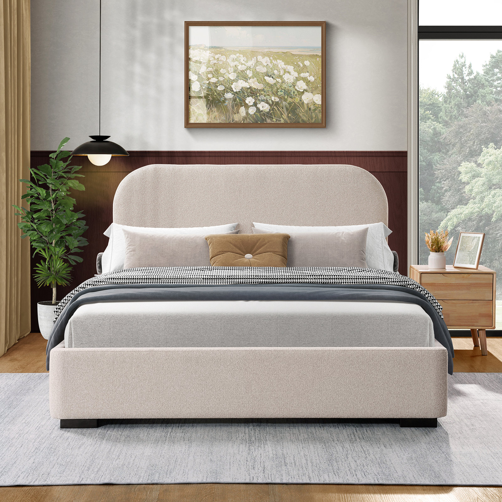 Reigen Upholstered Platform Bed, King, Beige Boucle