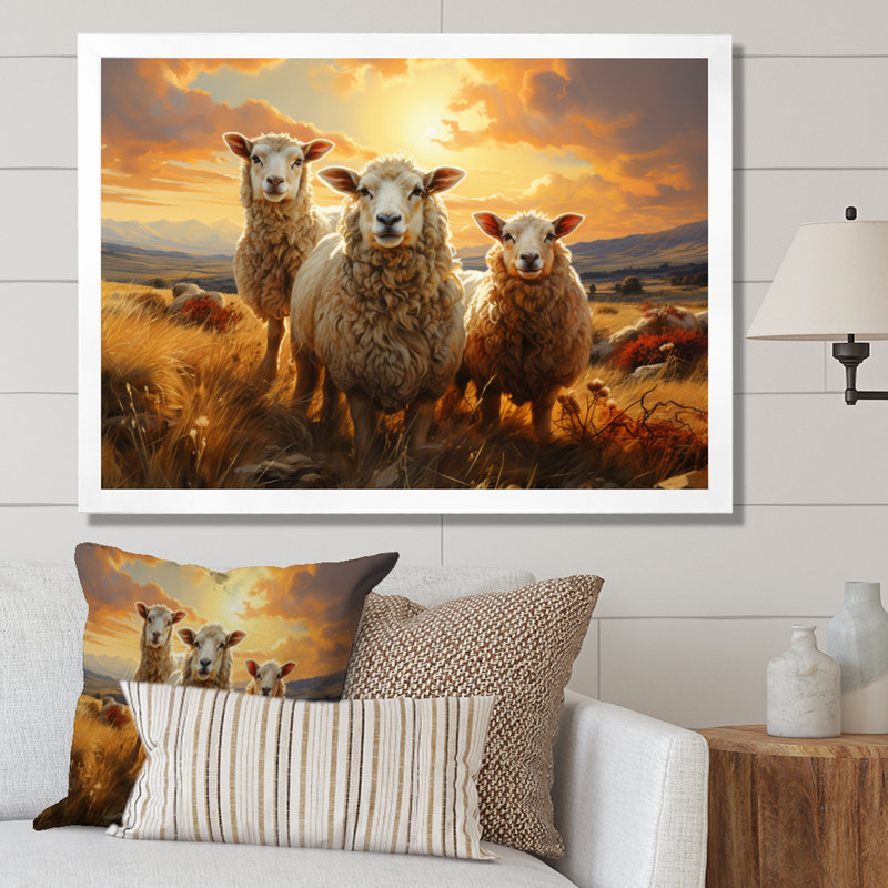 " Sheep Golden Flock ", White Single Picture Framed, 34" H x 44" W x 1.5" D