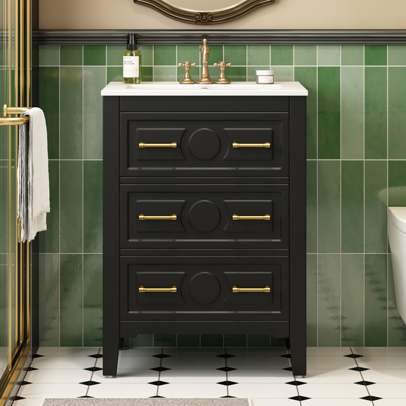 Meuble-lavabo de 24 pouces avec lavabo en céramique, 3 tiroirs, structure en bois massif, design rétro, meuble-lavabo simple à tiroir de 24 po et finition noire, trous de robinet pré-percés