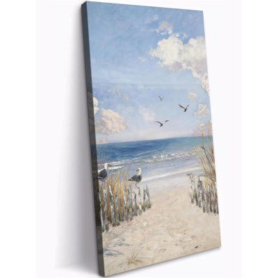 Vertical Tall Seaside Canvas Wall Art, Beach Window Painting for Living Room, Coastal Artwork with Seagulls and Ocean View for Bedroom Bathroom Office Decor Ready to Hang 28×58 Inch