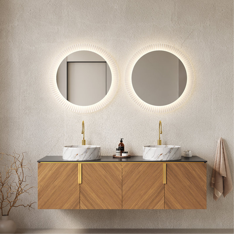 Meuble-lavabo 60 po, armoire de rangement murale en contreplaqué avec 4 portes, 2 lavabos ronds blancs en céramique avec motif en pierre et comptoir en pierre frittée noire