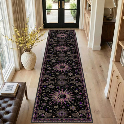 Tapis 2 x 10, tapis antidérapant lavable et antidérapant à motif rétro à poils longs Boho pour le salon, la chambre, la salle à manger, le couloir, le noir et le beige