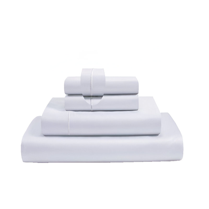 400TC Luxurious Single Embroidery Sateen Solid Cotton 4 Piece Sheet Set Fitted Sheet Fits Upto 16" Deep Pocket, White