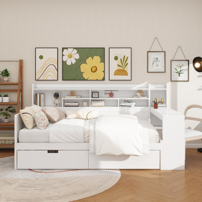 Lit de jour double en bois avec tablettes de rangement, lit multifonctionnel avec deux tiroirs de rangement et bureau d'étude, blanc antique