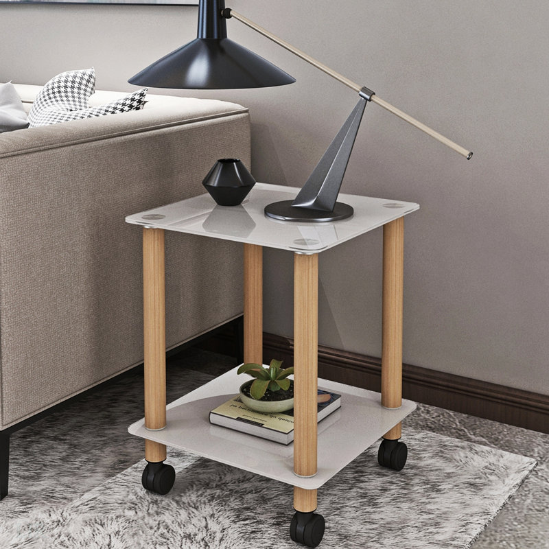 Table d'appoint 1 pièce blanche + chêne, table de bout à 2 niveaux, table de chevet moderne, canapé, table d'appoint avec tablette de rangement