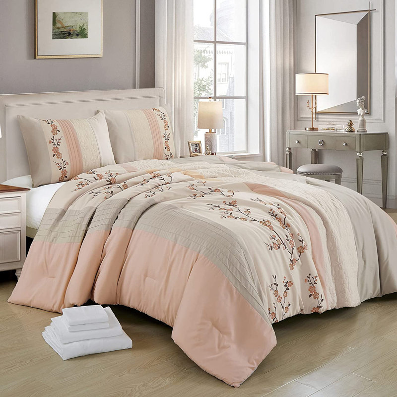 7-Pieces Cherry Blossom Floral Embroidery Comforter Set with Sheets, California King Comforter + 6 Additional Pieces