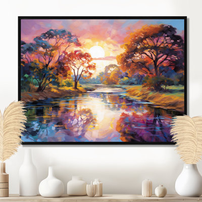 Mauve automne coucher de soleil sur une large rivière - lac, art mural