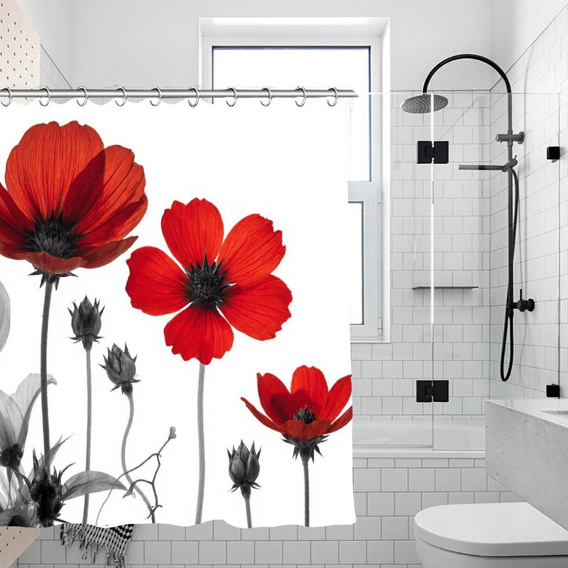 Rideaux de douche Red Blooms & Accent monochrome pour salle de bain, 71 x 71, Red Blooms & Monochrome Accents