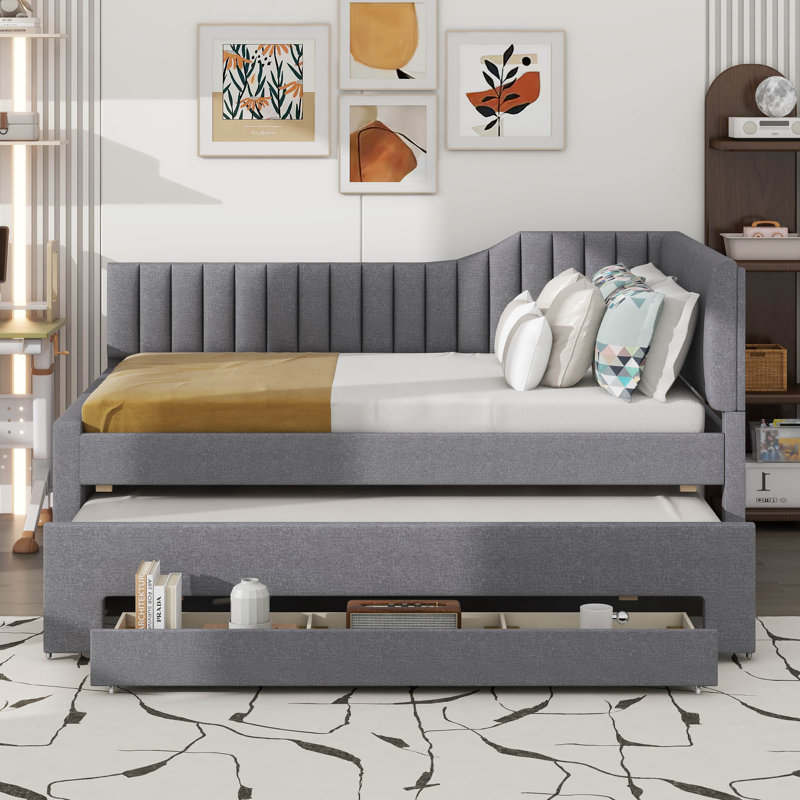Upholstered Bed With Trundle And Drawers, Gray, Full / Double