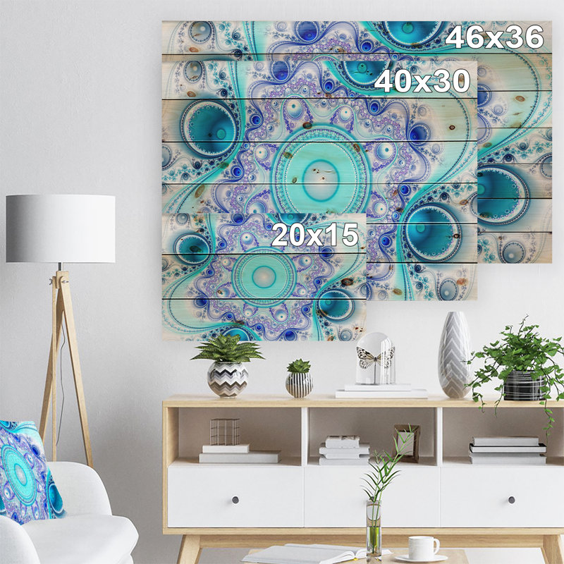 «Turquoise Wavy Curves and Circles», impression, H 15 po x l 20 po, Bois