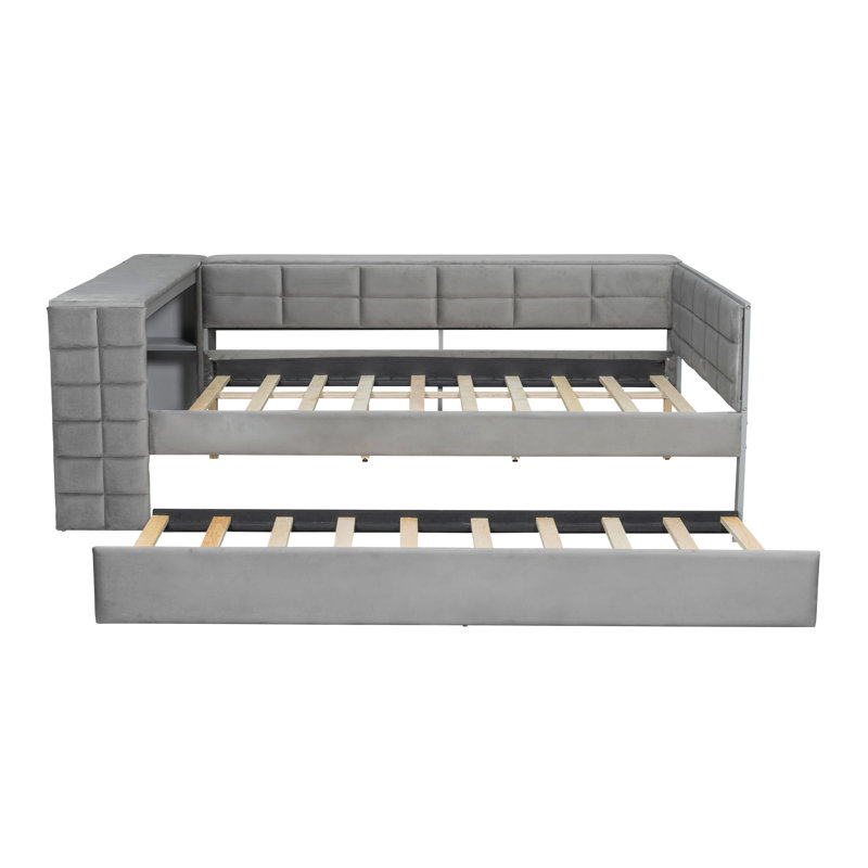 Full Size Upholstered Platform Bed with Storage Shelves, Desk & Charging Station, Twin Trundle, Gray, Gray